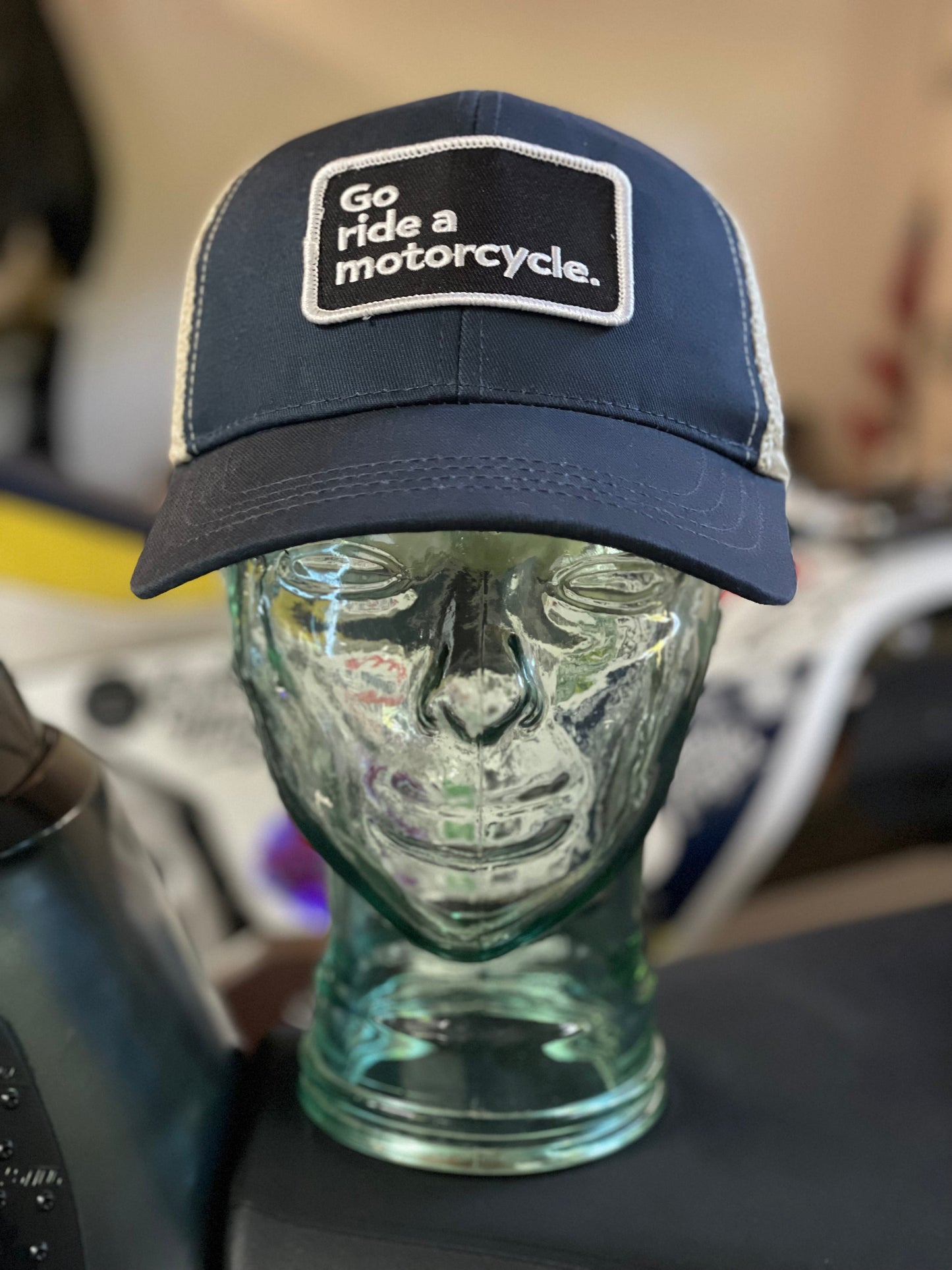 "Go ride a motorcycle" Organic Recycled Trucker Hat