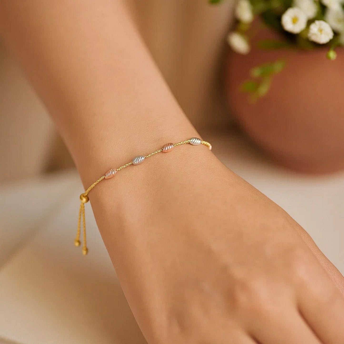 14k Tri-Color Gold Textured Oval Station Lariat Style Bracelet (1.20 mm)